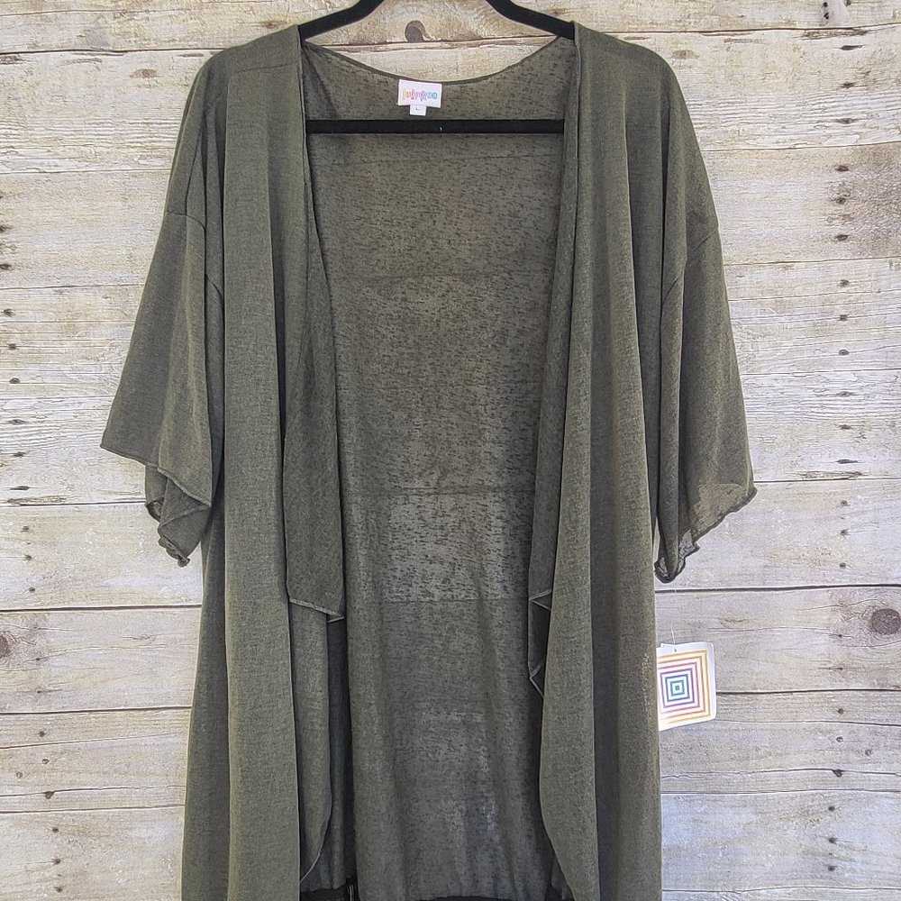 NWT Large LuLaRoe Fringed Monroe 'Kimono' - Khaki Green with Black Fringe